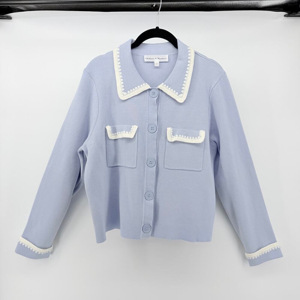 Crochet Trim Knit Relaxed Cardigan Periwinkle M Parisian Jackie O Grandma Chic